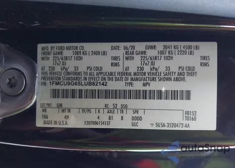 2020 Ford Escape Se z USA, uszkodzony, nr VIN 1FMCU9G65LUB82142